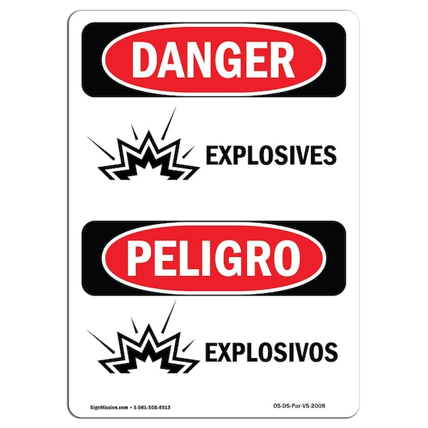 Safety Sign, OSHA Danger, 5" Height, Explosivos, Bilingual Spanish, 10PK